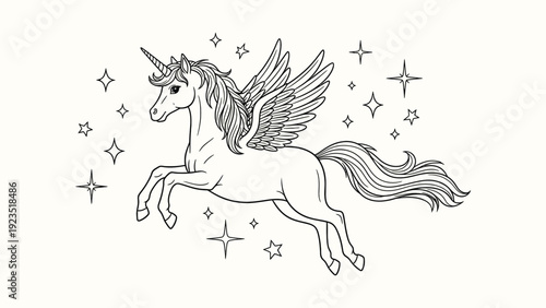 Magical pegasus unicorn with wings jumping through starry night sky line art illustration