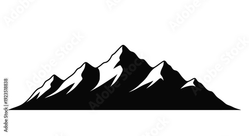 Black silhouette mountain range with snow capped peaks on white background landscape illustration