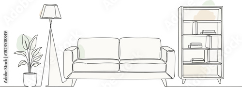 Continuous Line Drawing: Minimalist Living Room Interior with Sofa, Plant & Lamp 

