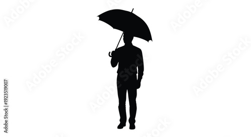 Silhouette of a man standing alone with an open black umbrella on a white background representing protection and solitude in a simple modern design