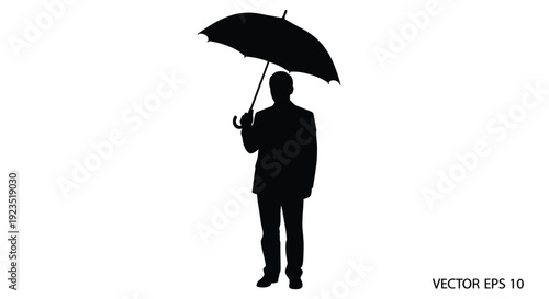 Man in suit holds black umbrella standing alone on white background symbolizing protection and preparedness