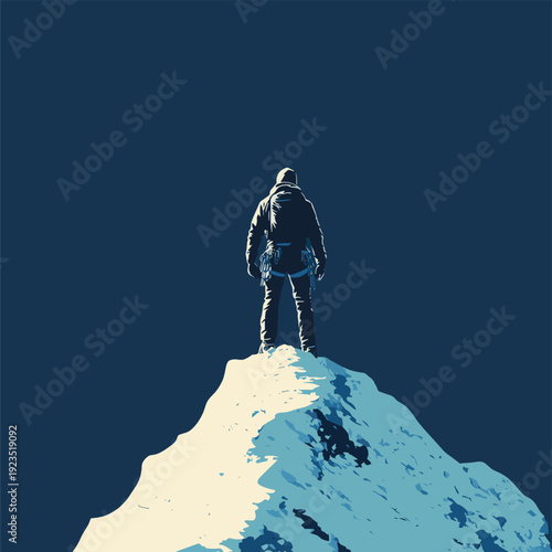 Lone Climber Ascends Icy Summit With Determination and Strength , vector style simple color