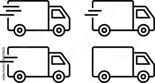 Four identical delivery trucks in motion