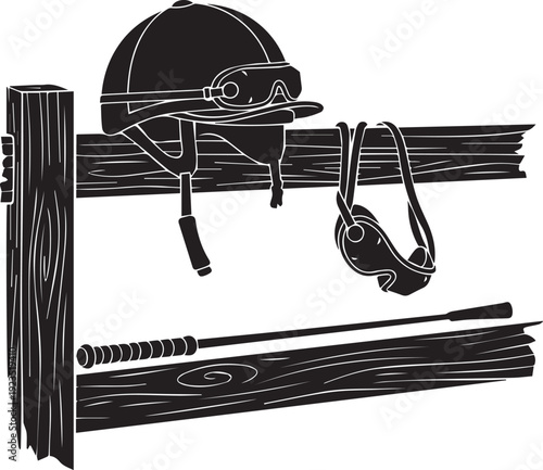 Jockey helmet and goggles with a whip hanging on a wooden fence vector art