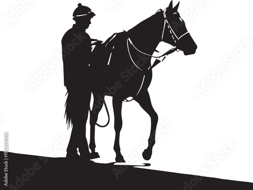 Jockey and horse vector silhouette illustration line art walking to starting gate