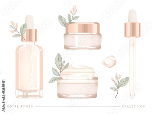 Elegant Skincare Products Collection Featuring Serums and Creams with Delicate Botanical Accents