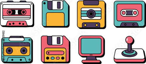Retro Technology Outline Icons  Cassette, Floppy Disk, Vintage Monitor, Joystick