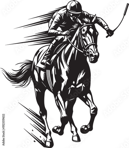 Racing jockey on horse vector silhouette illustration line art running fast in competition