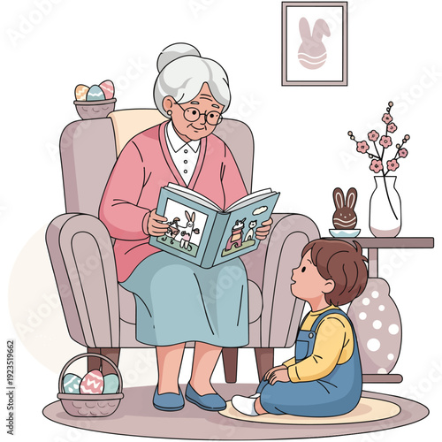An elderly grandmother reads a storybook to her young grandson in a cozy room decorated for Easter, fostering a warm family moment.