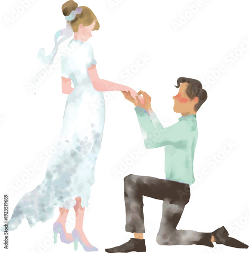 Sage green watercolor illustration of a man kneeling and proposing with a ring to a woman, romantic engagement scene designed for wedding invitations and bridal stationery. Soft pastel hand painted ve