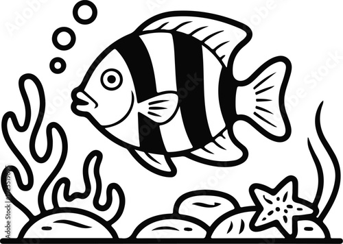 Underwater Fish Outline Icon Coral, Bubbles, and Marine Life