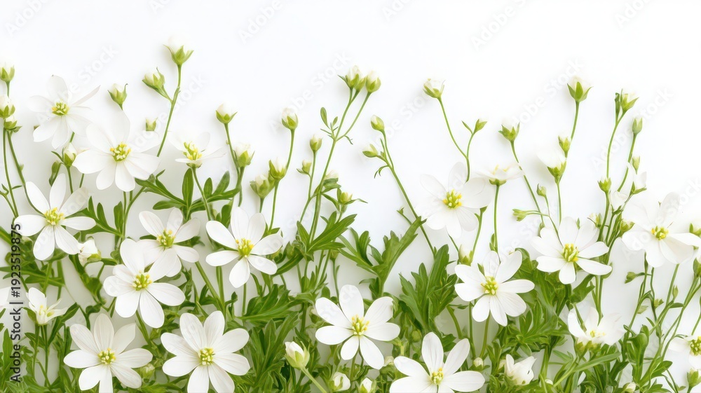 Fototapeta premium Greater stitchwort with star-shaped white flowers on a soft white background in a natural setting