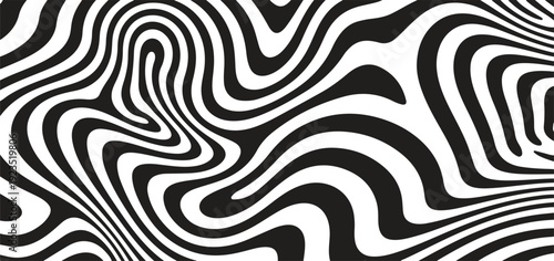 A dynamic black and white abstract background featuring swirling wavy lines.