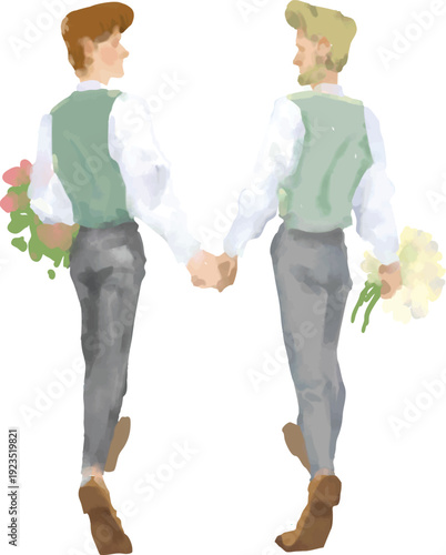 Sage green watercolor gay wedding couple holding hands, romantic bridegroom illustration designed for modern wedding invitations and inclusive bridal stationery. Soft pastel hand painted vector isolat
