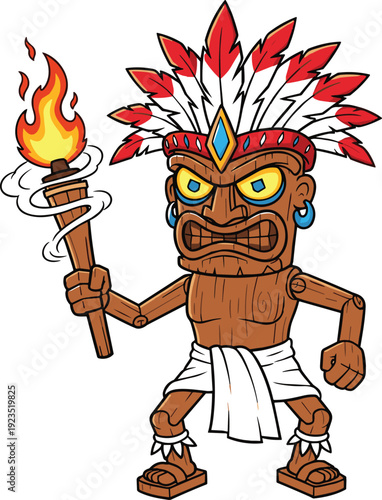 Angry cartoon tribal warrior with wooden texture, feathered headdress, glowing eyes, torch flame, fantasy shaman character design illustration