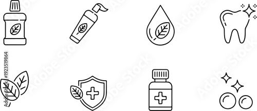 Dental Care Outline Icons  Tooth, Brush, Floss, and Paste