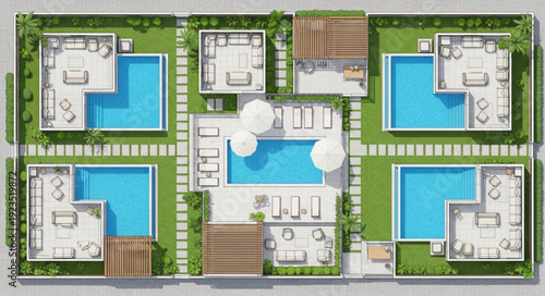 Luxurious villa complex with private pools and outdoor seating areas, aerial view.