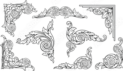 Vintage baroque ornamental corner and swirl divider hand drawn vector set for luxury frame and decorative design