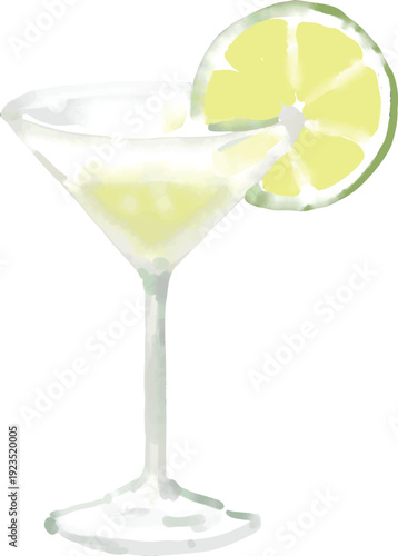 Sage green watercolor martini glass with lemon slice vector illustration, designed for elegant wedding reception menus and signature cocktail stationery. Minimal pastel drink element isolated on white
