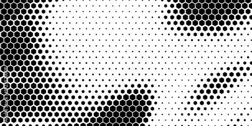 Hexagon halftone gradient texture. Abstract black grunge background. Geometric retro halftone tech overlay. Fading wavy hexagonal pattern backdrop. Vector vanishing honeycomb grunge bitmap wallpape