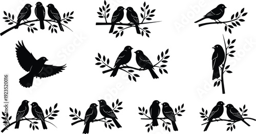 Black silhouette birds perched on branches with leaves, decorative nature illustration featuring varied poses and artistic wildlife design