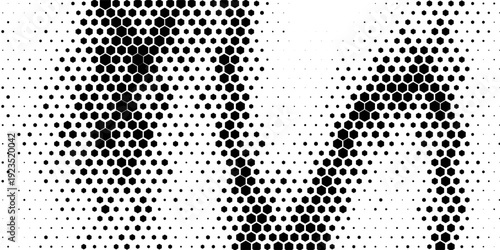 Hexagon halftone gradient texture. Abstract black grunge background. Geometric retro halftone tech overlay. Fading wavy hexagonal pattern backdrop. Vector vanishing honeycomb grunge bitmap wallpape