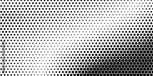 Hexagon halftone gradient texture. Abstract black grunge background. Geometric retro halftone tech overlay. Fading wavy hexagonal pattern backdrop. Vector vanishing honeycomb grunge bitmap wallpape