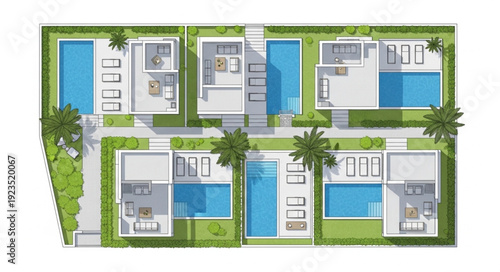 Architectural blueprint showcasing luxury villas with private swimming pools and lush landscaping.