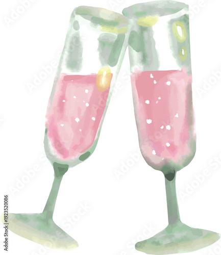 AdobeSage green watercolor champagne glasses vector illustration for wedding toast, engagement celebration, and romantic event stationery. Soft pastel drink element isolated on whi Illustrator Artwork