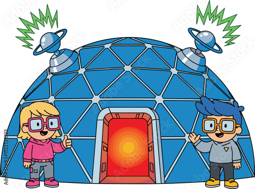 Cartoon boy and girl with glasses standing in front of blue geodesic dome futuristic building with satellite dishes vector illustration