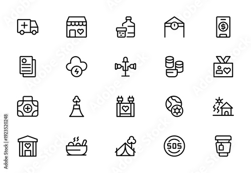 Disaster Risk and Humanitarian Aid Line Icon Set – Emergency, Relief and Crisis Management Outline Icons, Editable Stroke Vector