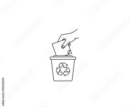 Paper recycling icon. Hand throwing waste in bin linear sign