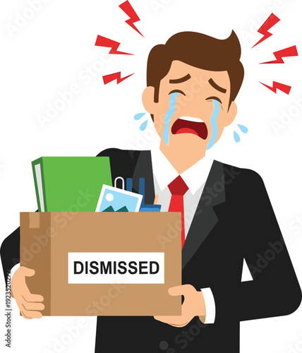 Cartoon businessperson holding box labeled dismissed with office items, emotional illustration symbolizing job loss, stress, and workplace impact