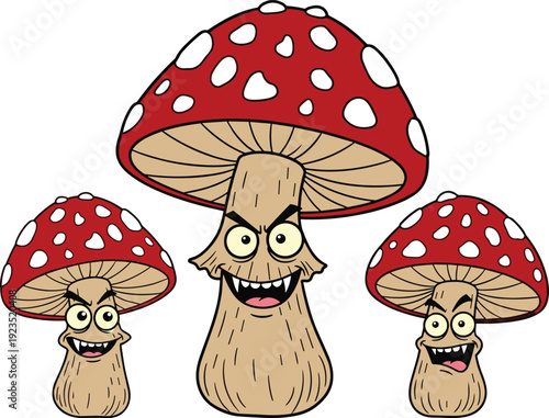 Cartoon evil angry mushrooms with red spotted caps and scary faces, funny toxic toadstool characters vector illustration isolated on white background