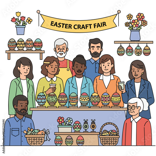 A diverse group of people gathered at an Easter craft fair, showcasing beautifully decorated eggs and floral arrangements on display.