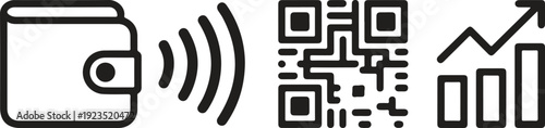Icons representing digital wallet, wireless payment, QR code, and financial growth.