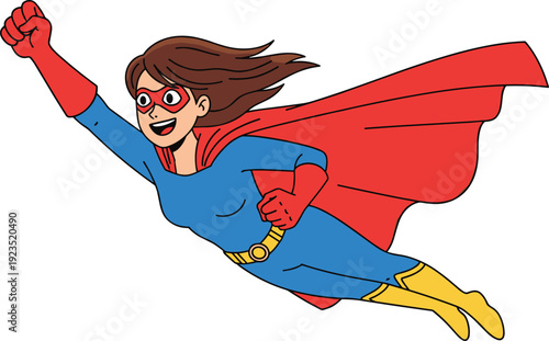 Cartoon female superhero woman flying in blue costume with red cape and mask, vector illustration character isolated on white background