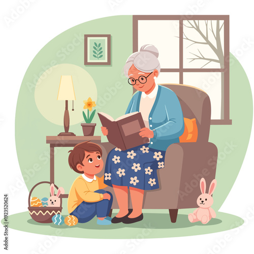 A loving grandmother reads a storybook to her attentive grandson in a cozy living room decorated with Easter items.