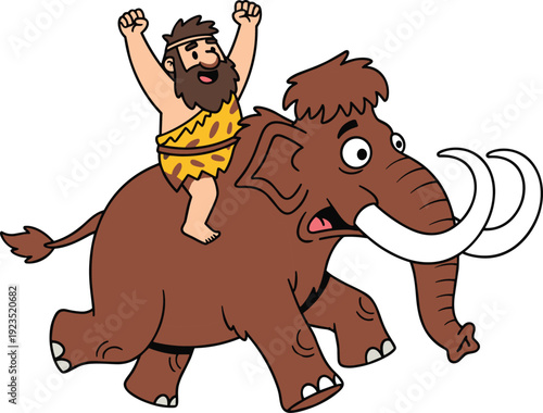 Cartoon prehistoric caveman riding a woolly mammoth, funny vector illustration of stone age man and animal isolated on white background