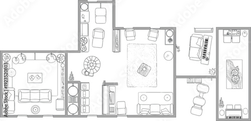 A detailed black and white floor plan of a house with multiple rooms including living room, kitchen, bedrooms, and bathrooms