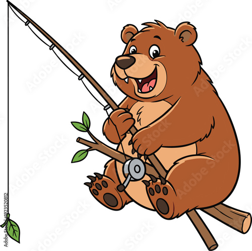 Cheerful cartoon bear sitting on tree branch holding fishing rod with leaf bait, playful humorous children’s character design illustration