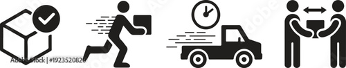 Four distinct icons illustrating the various stages of a delivery service process.