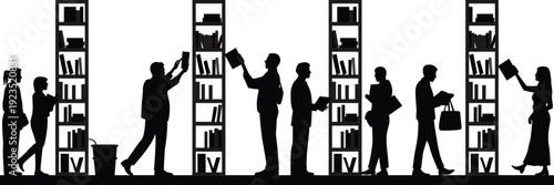 Library people silhouette reading and choosing books from shelves, education and knowledge concept vector illustration
