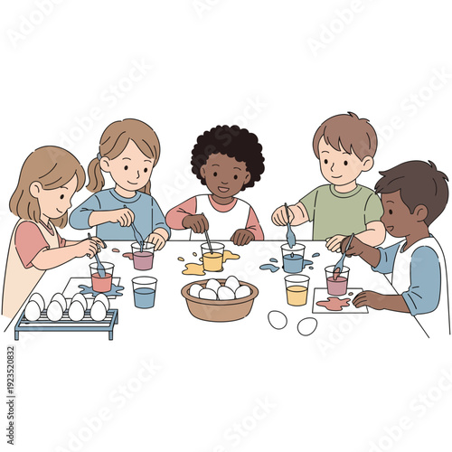 Five diverse children happily decorating Easter eggs with colorful dyes at a table, enjoying a fun craft activity together.