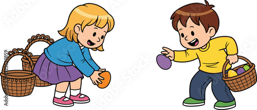Cheerful cartoon children participating in Easter egg hunt, collecting colorful eggs with baskets, festive holiday activity, playful springtime illustration