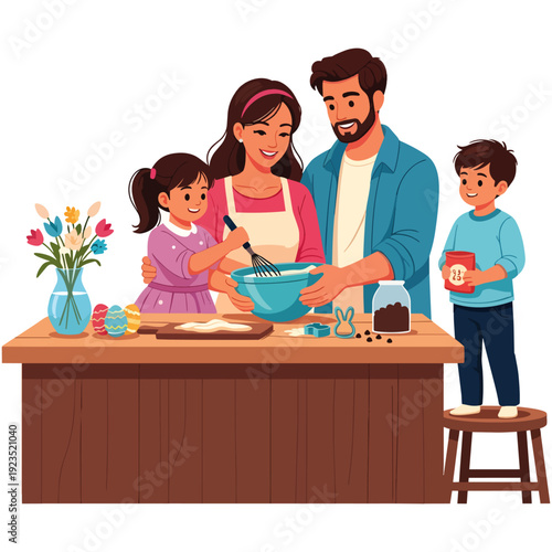 A happy family, including parents and two children, joyfully bakes cookies together in a cozy kitchen, creating cherished memories.