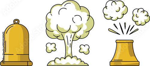 Vintage Steam Whistle Outline Icon Set – Classic Brass Industrial Whistles with Vapor Clouds