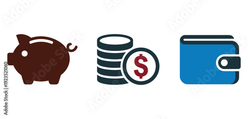 Piggy bank stack of coins and wallet.