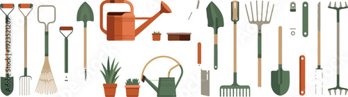Garden Essentials Outline Icons Set – Trowel, Pruners, Watering Can, and More