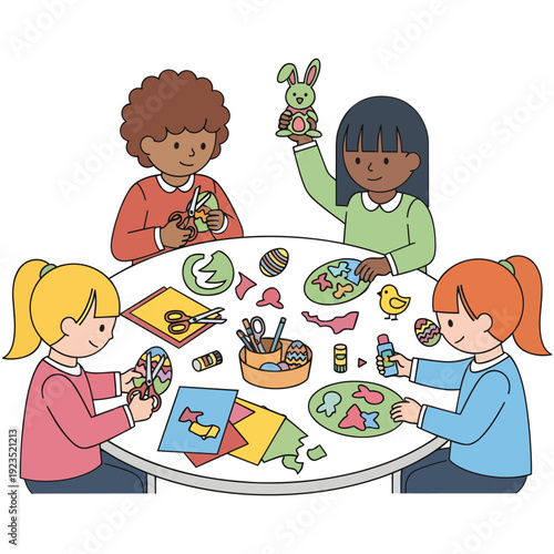Four diverse children happily engaged in an Easter-themed crafting session around a table, cutting paper, gluing, and decorating.